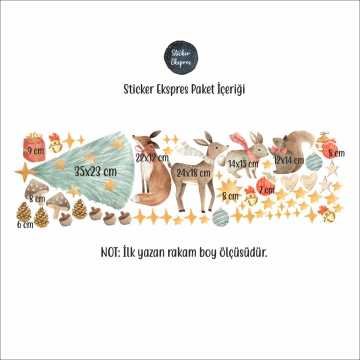 Çam Ağacı Ve Hayvanlar Yeni Yıl Temalı Sticker Seti