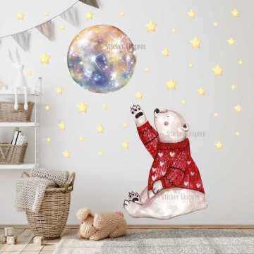 Sarı Yıldızlı Hayalperest Kutup Ayısı Çocuk Odası Sticker Seti
