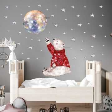 Gri Yıldızlı Hayalperest Kutup Ayısı Çocuk Odası Sticker Seti
