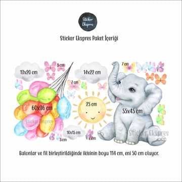 Rengarenk Balonları Tutan Sevimli Fil Sticker Seti