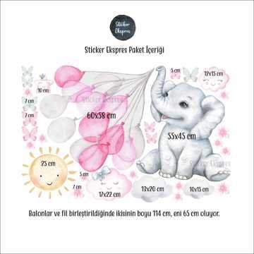 Pembe Gri Balonları Tutan Sevimli Fil Sticker Seti