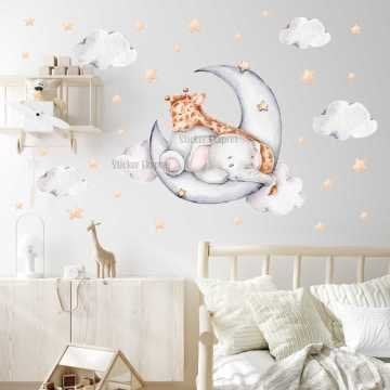Ayda Uyuyan Sevimli Fil ve Zürafa Çocuk Odası Duvar Sticker Seti