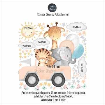 Somon Renk Arabada Giden Sevimli Hayvanlar Çocuk Odası Sticker Seti
