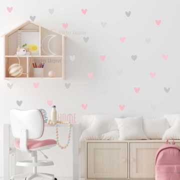 Açık Pembe Açık Gri Asimetrik Kalpler Sticker Seti
