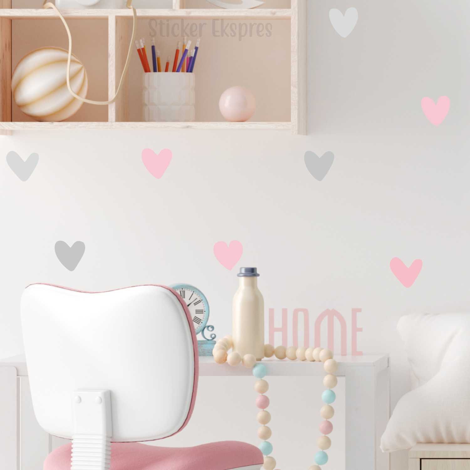 Açık Pembe Açık Gri Asimetrik Kalpler Sticker Seti