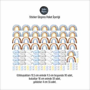 Mavi Kahverengi Suluboya Gökkuşakları Bulut Yıldız Sticker Seti