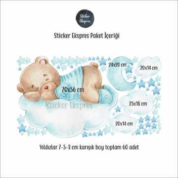 Mavi Bulutta Uyuyan Sevimli Ayıcık Çocuk Odası Duvar Sticker Seti
