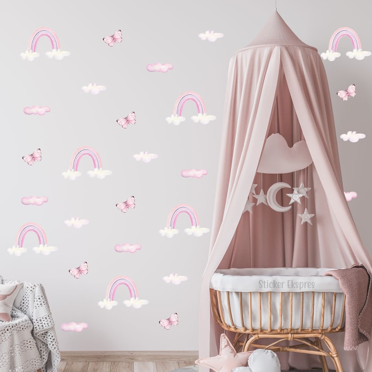 Pastel Gökkuşağı Bulut Kelebek Sticker Seti