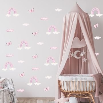 Pastel Gökkuşağı Bulut Kelebek Sticker Seti