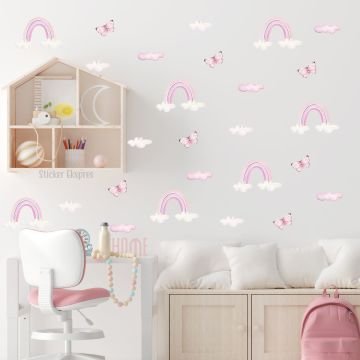 Pastel Gökkuşağı Bulut Kelebek Sticker Seti