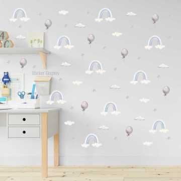 Pastel Mavi Gökkuşağı Gri Balon Bulut Sticker Seti