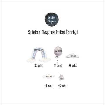 Pastel Mavi Gökkuşağı Gri Balon Bulut Sticker Seti