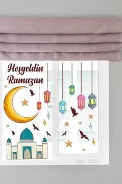 Hoşgeldin Ramazan Renkli Lamba Fener Cami Hilal Ve Yıldızlar Duvar Ve Cam Sticker Seti