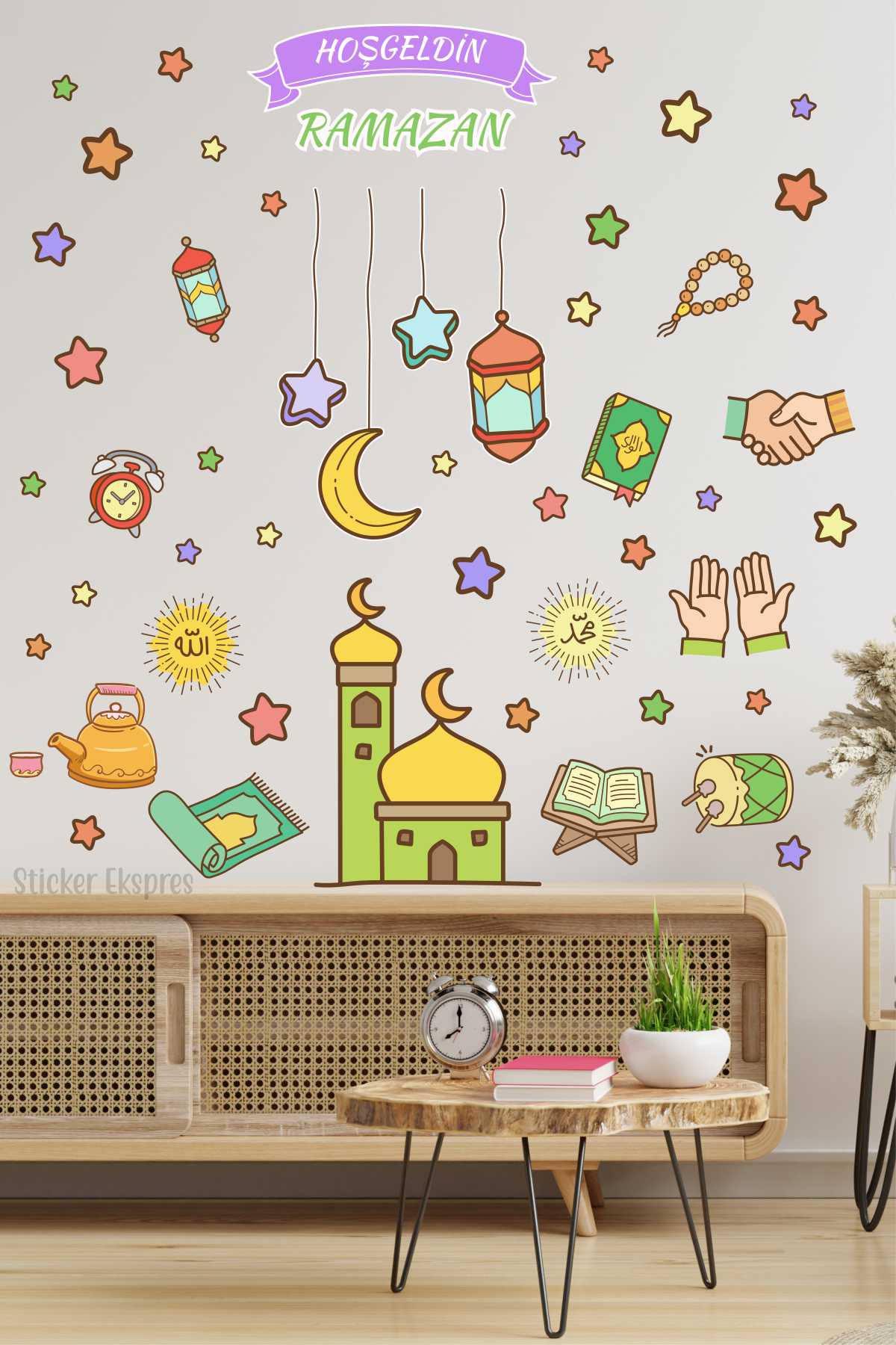 Hoşgeldin Ramazan Sarkıtlı Hilal Kandil Yıldızlar Ve Cami Duvar Ve Cam Sticker Seti