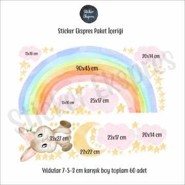 Gökkuşağında Oturan Sevimli Tavşan Duvar Sticker Seti