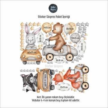 Sevimli Hayvanlar Araba Yarışında Çocuk Odası Sticker Seti
